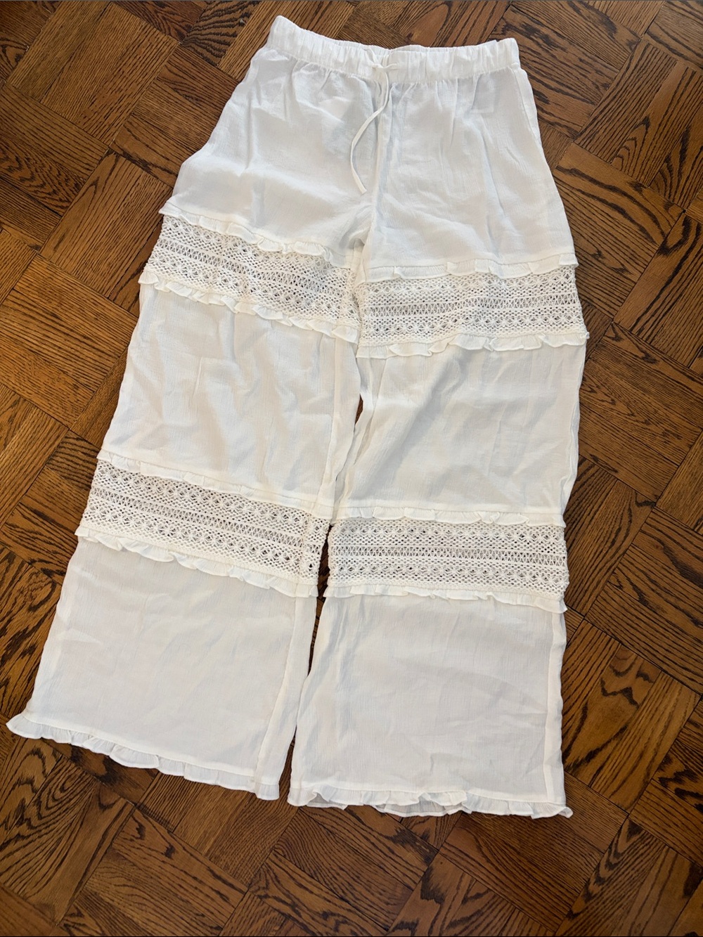H&M White Crochet Textured Wide Leg Pants with Drawstring Waist